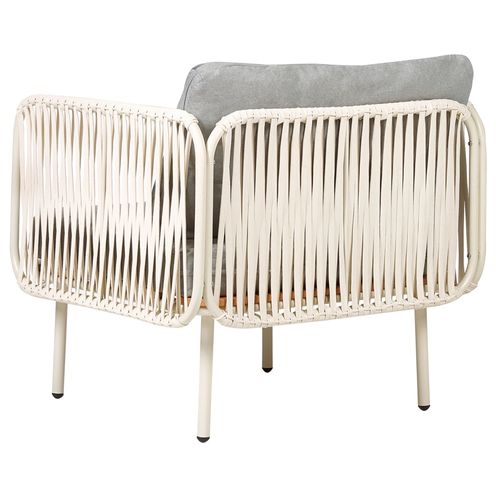 Set poltrone e tavolo con struttura in metallo e schienale in corda con cuscini grigio stile elegante