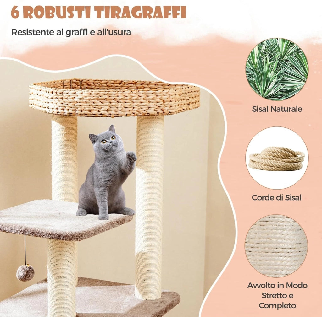 Tiragraffi 131cm, Albero per Gatti con Posti per Graffiare in Sisal, Cuccia di Velluto a Coste, Condo, Pallina Pendente e Cuscini Lavabili, Mobili per Animali Domestici, Caffè e Naturale