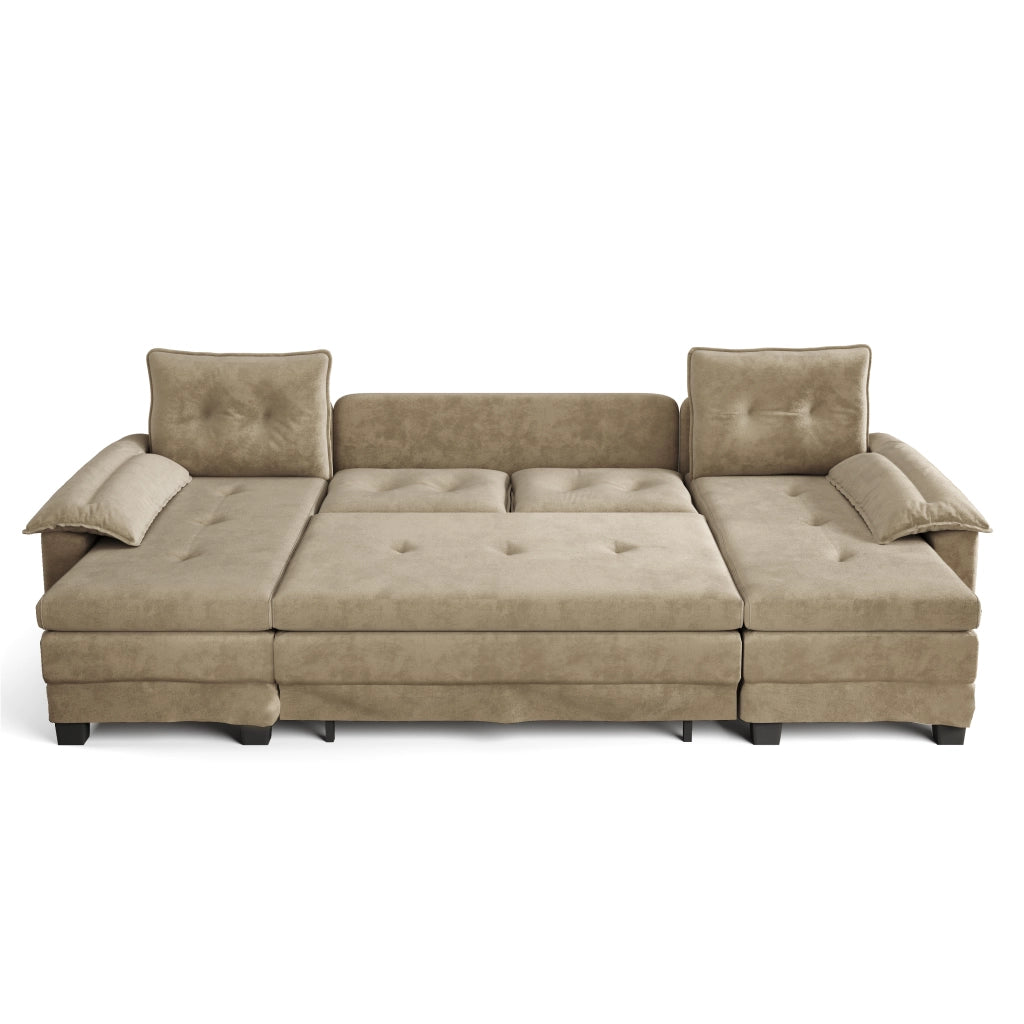 Divano Letto Angolare Modulare ¨C MINIMAL ¨C Velluto Cammello, USB, Braccioli Removibili, 278 cm