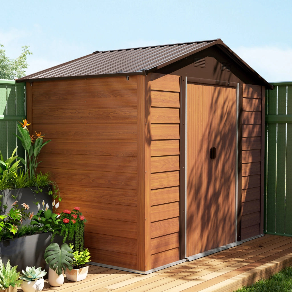 Casetta da Giardino Porta Attrezzi con Doppia Porta Scorrevole 236x196x208 cm con Pannelli in Acciaio Effetto Legno