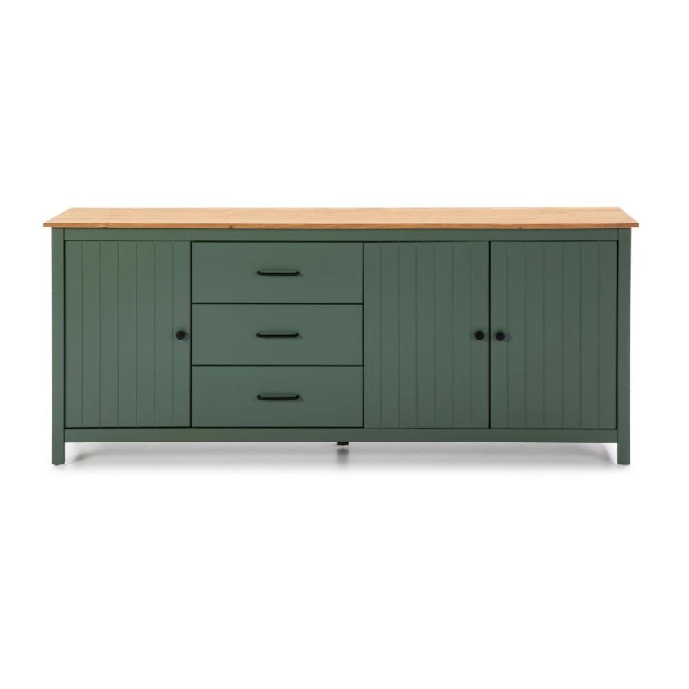 Credenza Miranda in legno massiccio colore verde e pino 191x40x80H - 3 Ante e 3 cassetti
