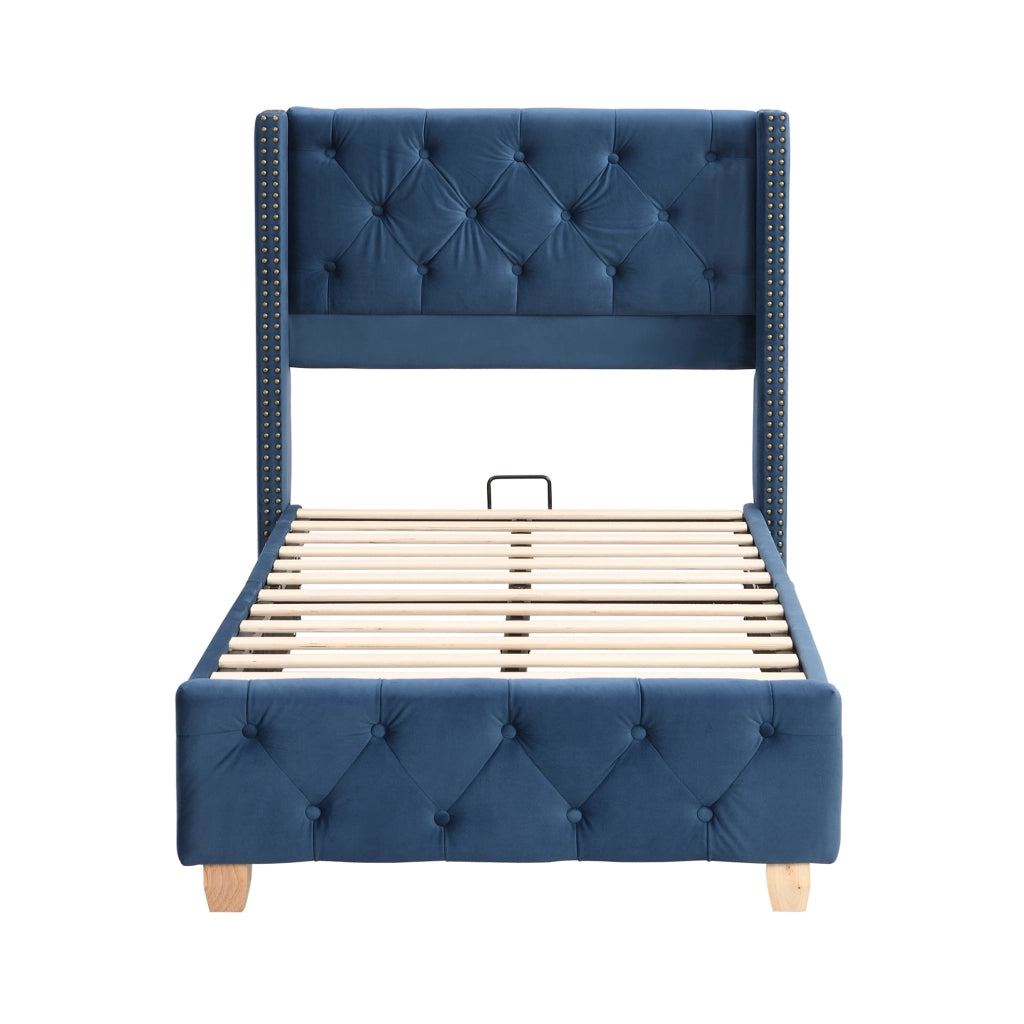 Letto imbottito 90x200 cm con testiera e rete; bottoni e borchie; velluto blu (Senza materasso)