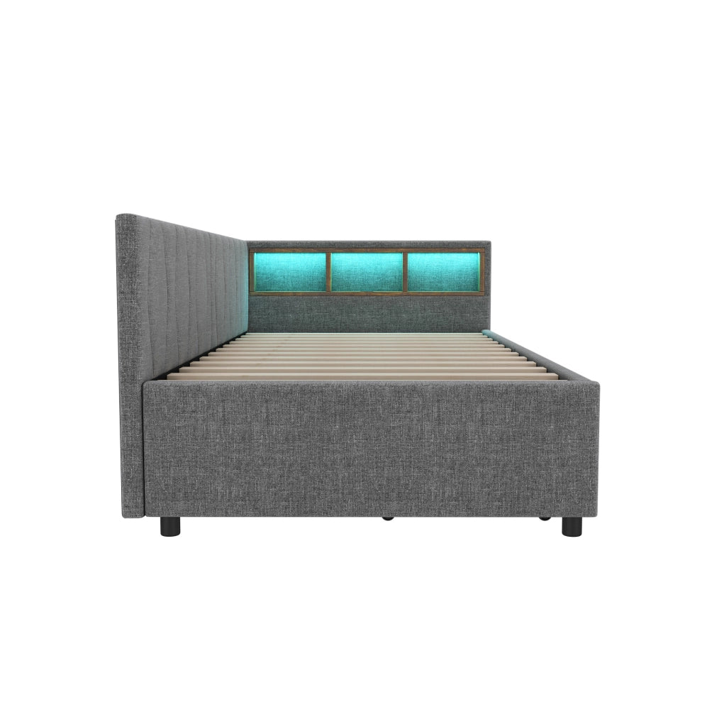 Divano letto 90x200 cm con LED; USB e Type C; in lino e MDF grigio (Senza materasso)