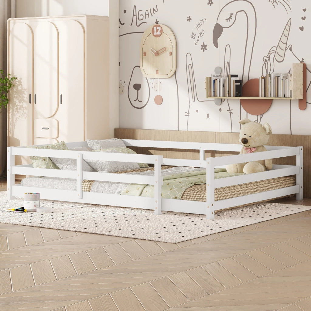 Letto Montessori per bambini in legno di pino con sponde su 4 lati 140x200 cm bianco