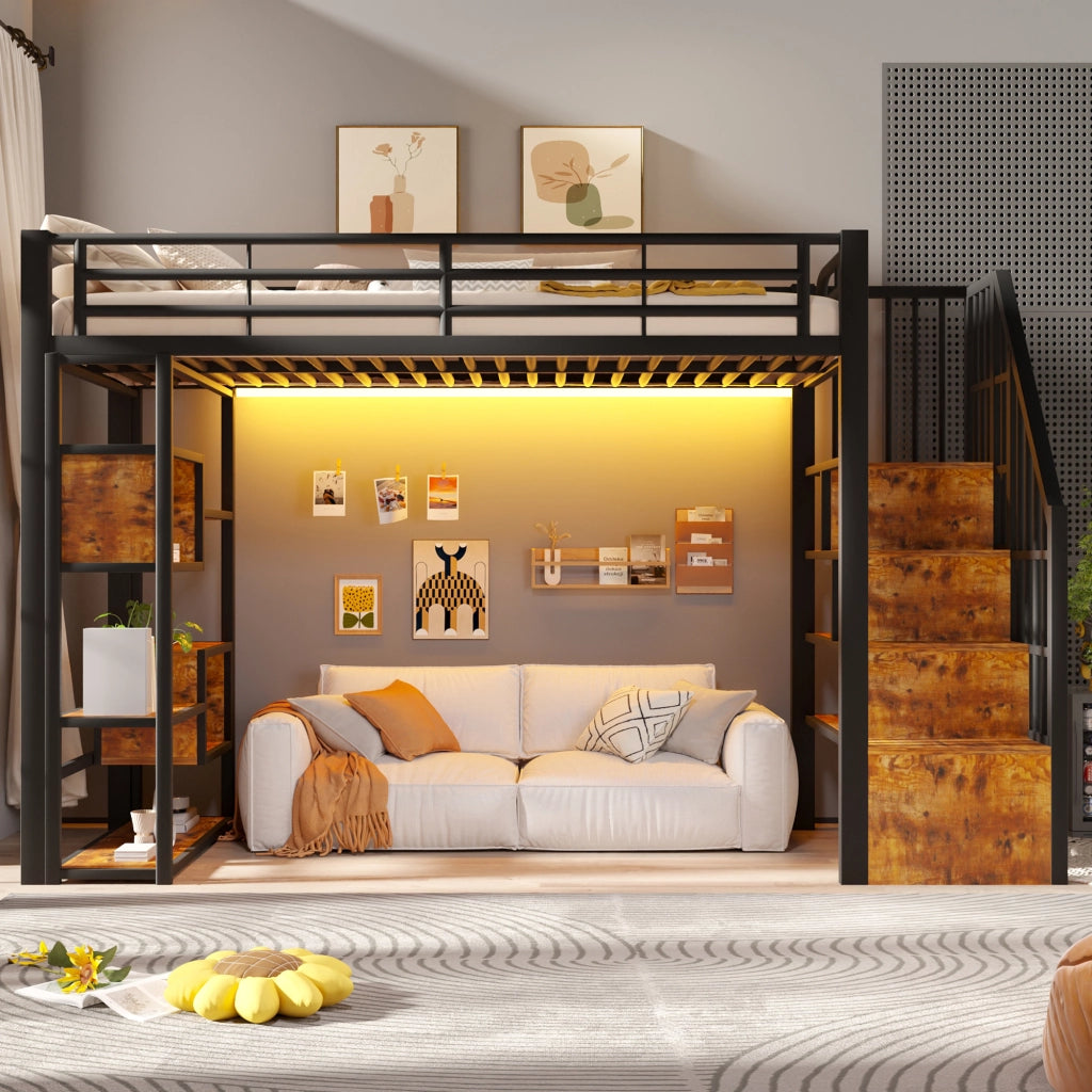 Letto a soppalco 90x200 cm con spazio libero sottostante; LED; ripiano; gradini integrati e parapetto; metallo nero