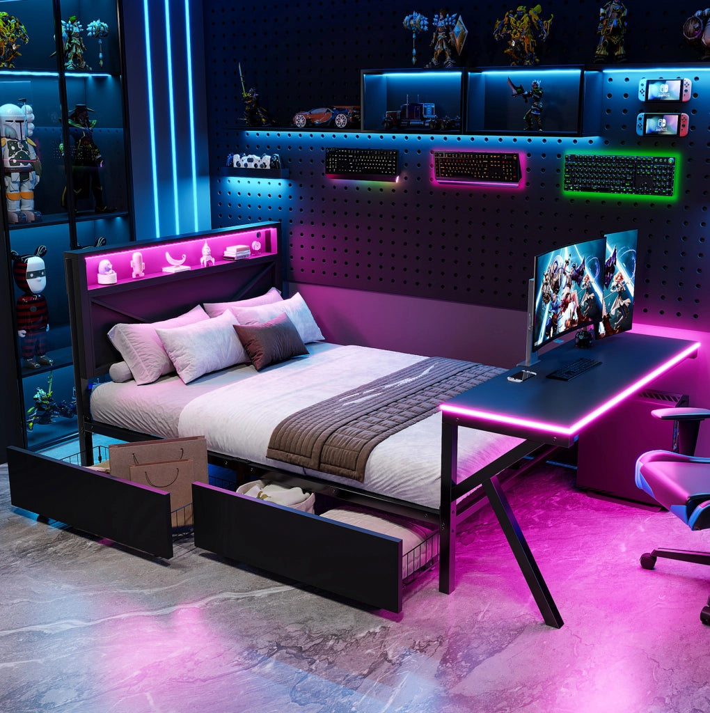 Letto piattaforma gaming con testiera LED e scrivania LED; 140x200 cm; nero