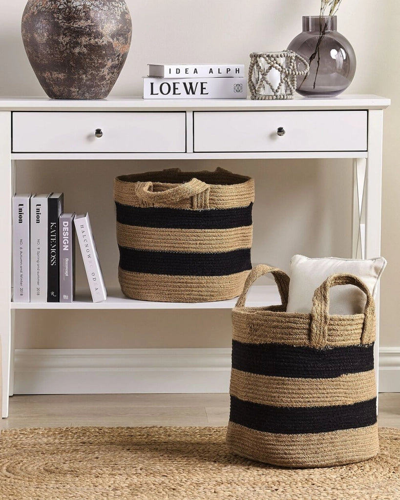 Set di 2 cestini in iuta beige e nero con motivo a strisce Accessori per la conservazione Boho