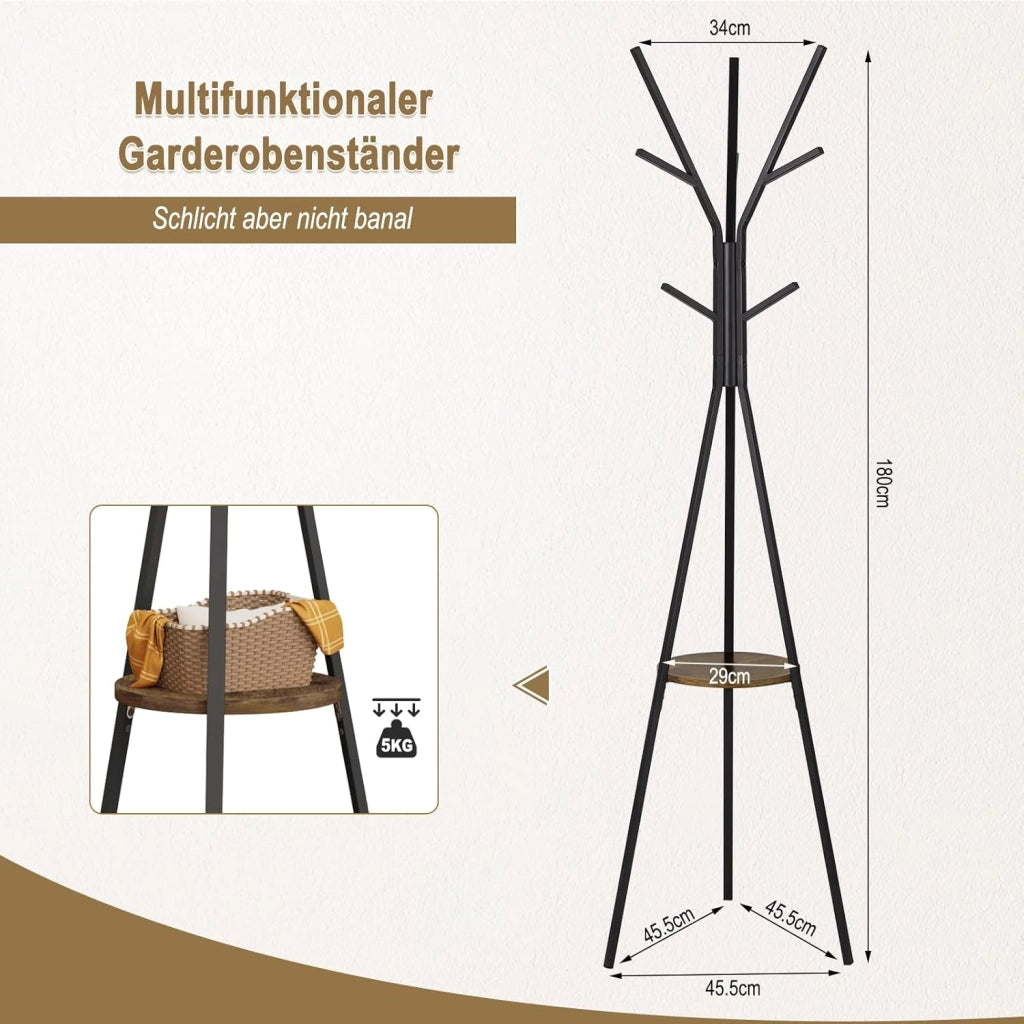 Attaccapanni, Appendiabiti ad Albero in Metallo e MDF, Portabiti da Ingresso con 9 Ganci e 1 Ripiano per Vestiti, Cappelli, Borse, Nero + Legno Vintage