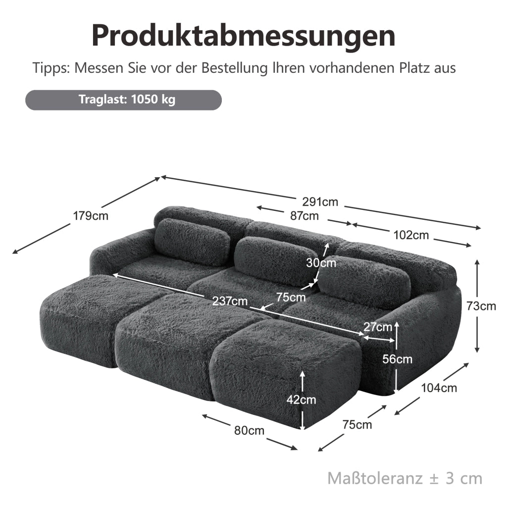Divano Modulare con Configurazione Flessibile a U o a L, Base Antiscivolo, in Peluche Grigio