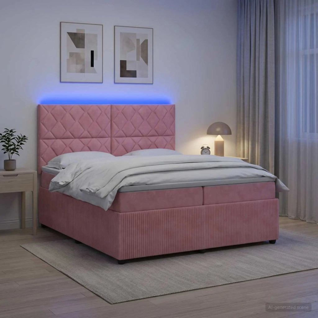Letto Box Spring LED con Materasso Rosa 200 x 200 cm Velluto 3456148