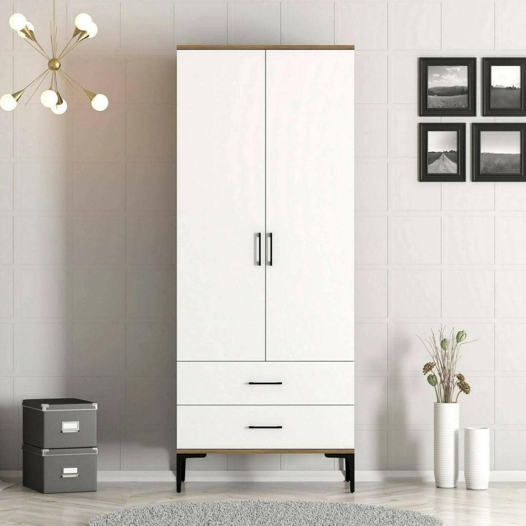 Guardaroba 2 ante Doriana, Mobile camera da letto, Cabina armadio portabiti, Armadio appendiabiti, 80x201h48 cm, Noce e Bianco