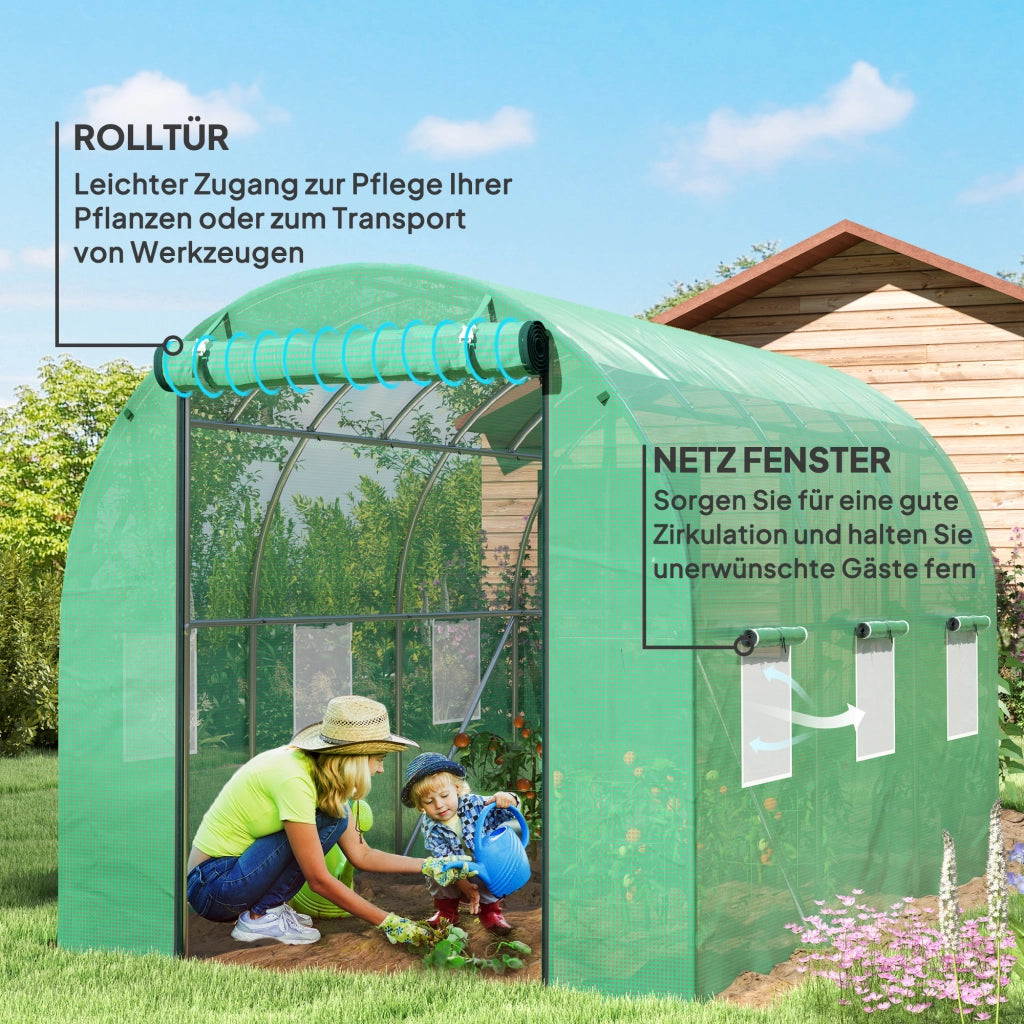 SERRA da giardino in plastica verde con porta arrotolabile e finestre a rete