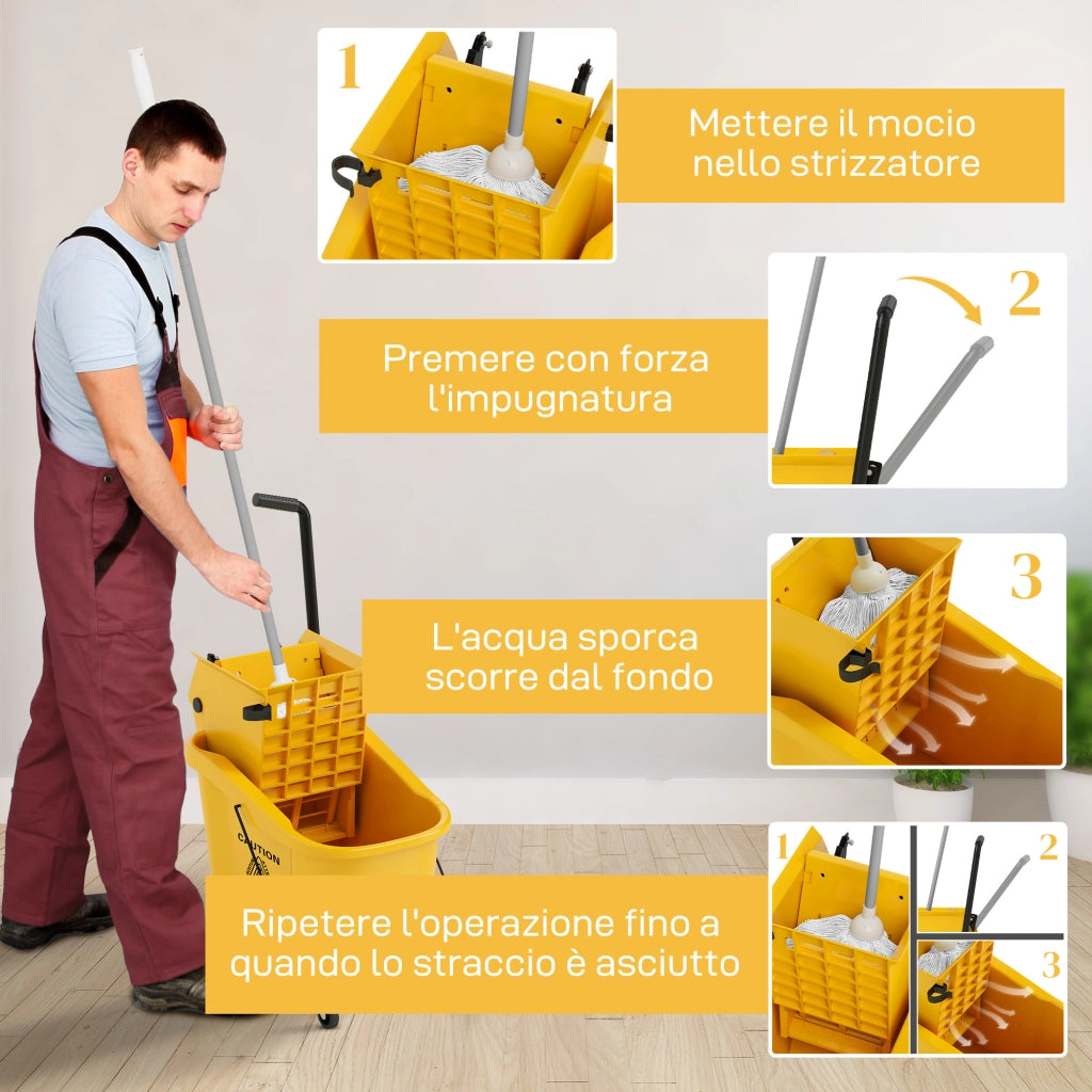 Secchio Lavapavimenti Professionale 36L con Mocio, Strizzatore, Ruote e Manico, 55x37x65 cm, Giallo