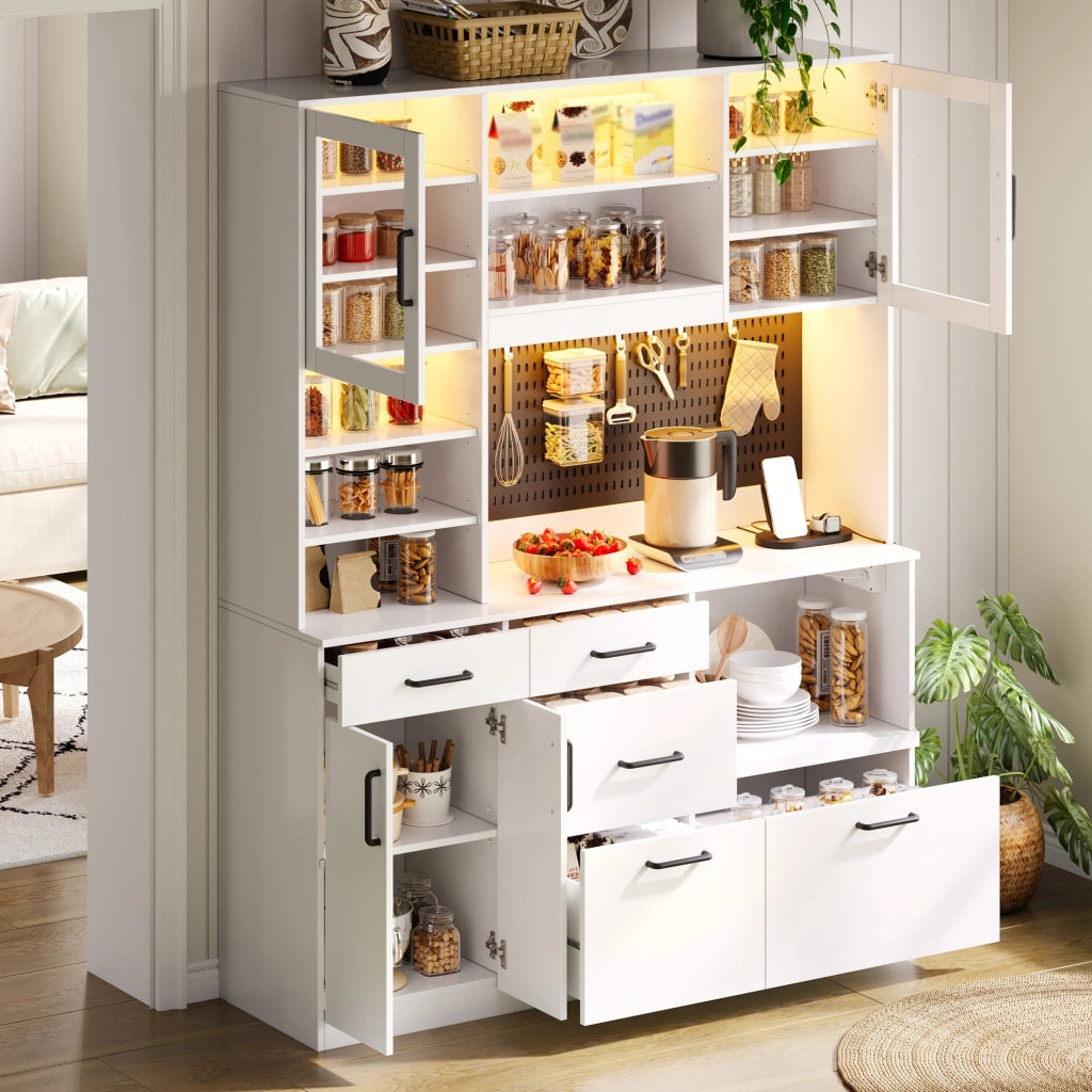 Credenza da cucina alta con piano di lavoro; 5 cassetti; ante in vetro temperato; LED RGB e prese; per cucina; bianco