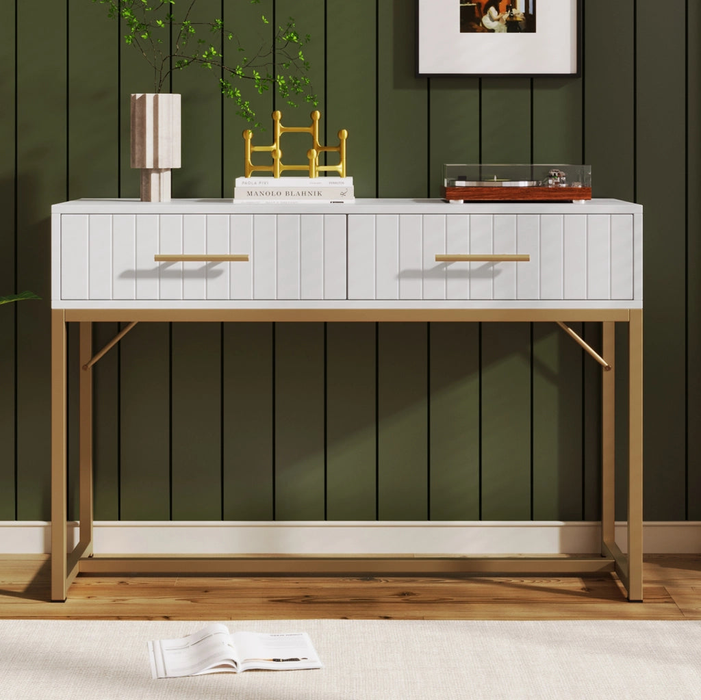 Toeletta con 2 cassetti 100x45x75 cm in truciolare bianco con base in metallo