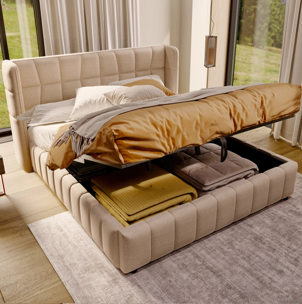 Letto imbottito beige 180x200 cm con contenitore sollevabile e rete a doghe