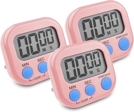 Set di Timer Cucina Digitale da 3 - Cronometro con Display LCD Grande e Orefice Magnetico Rosa