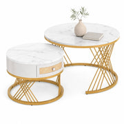 TAVOLINI DA CAFFÈ Set da 2 pezzi rotondi 70x70x45,5 cm e 50x50x38,5 cm MDF Bianco/Oro
