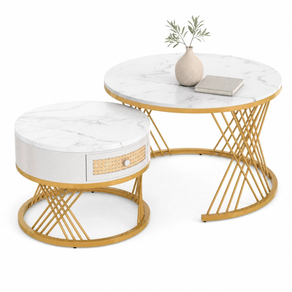 TAVOLINI DA CAFFÈ Set da 2 pezzi rotondi 70x70x45,5 cm e 50x50x38,5 cm MDF Bianco/Oro