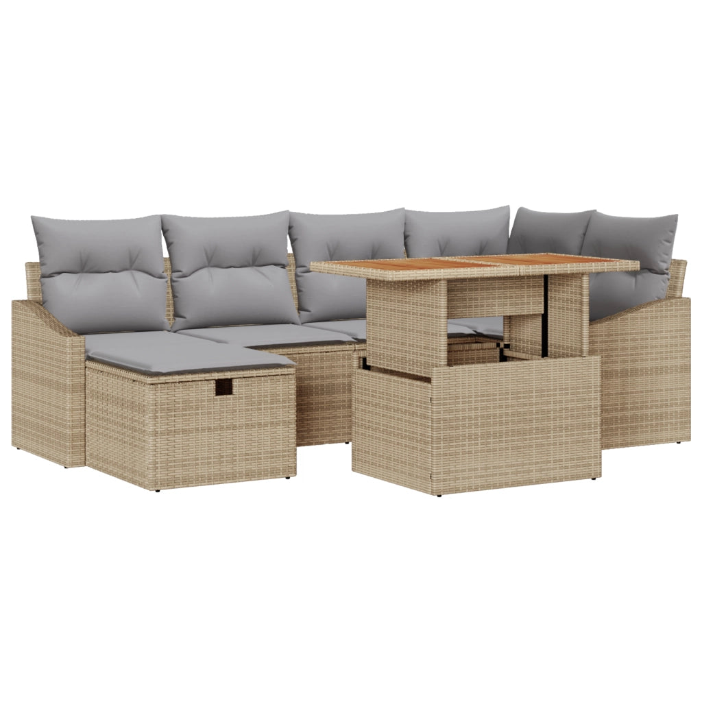 Set Divano da Giardino in 7 Pezzi con Cuscini Beige Polyrattan