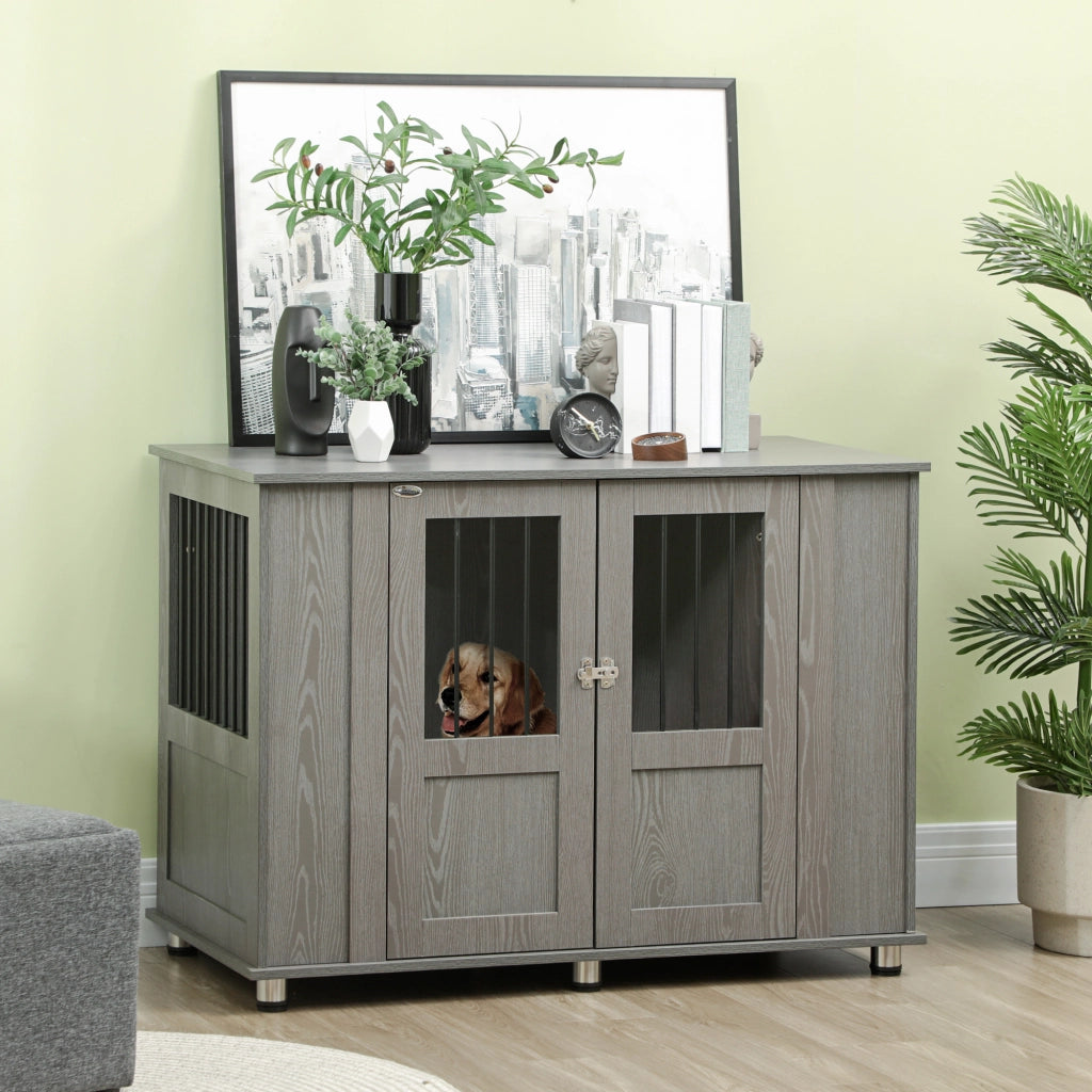 Cuccia per cani da interno in legno grigio con porta magnetica e finestra, 116x60x87 cm