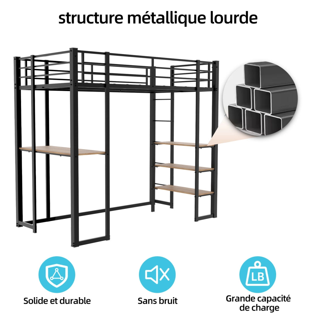 Letto in ferro 90x190 cm con scrivania integrata e scaletta, per camerette bambini e ragazzi