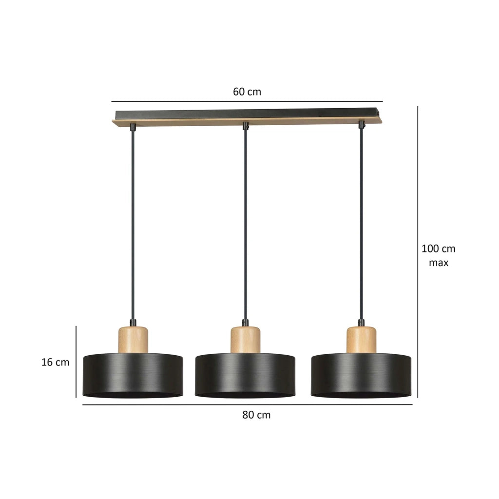 Sospensione Nordica 3 Luci Surya In Acciaio Nero E Legno