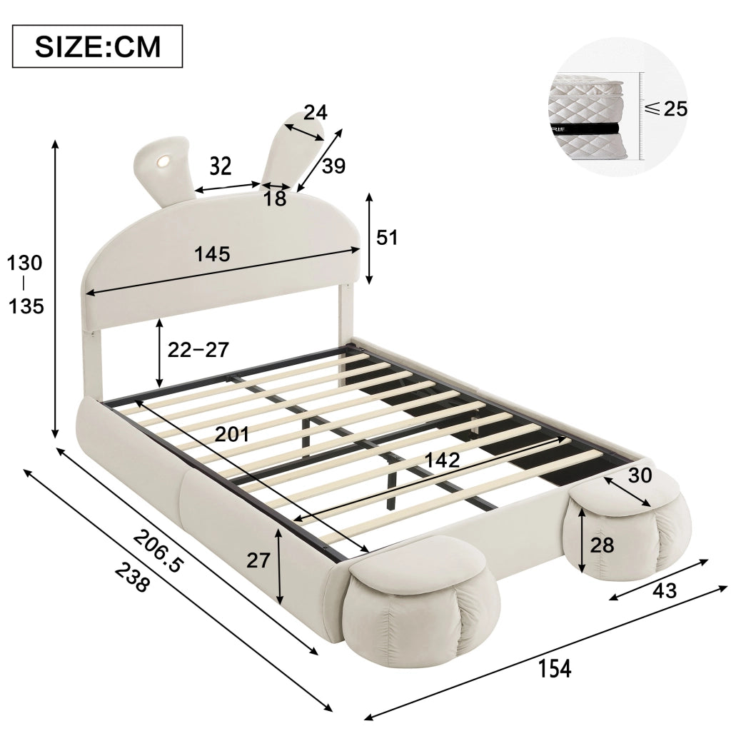 Letto imbottito con contenitore e LED, velluto beige, 140x200 cm