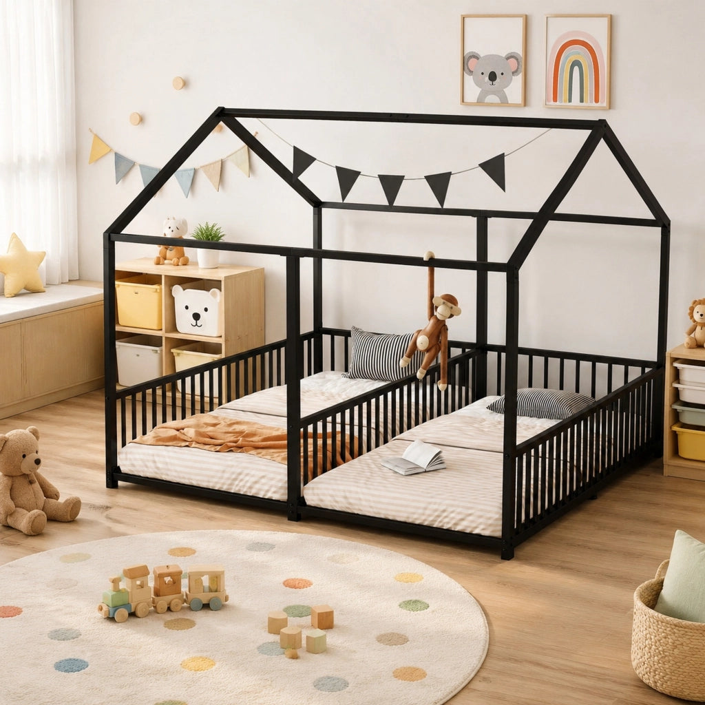 LETTO a casetta con sponde e scala 90x200 cm in metallo nero