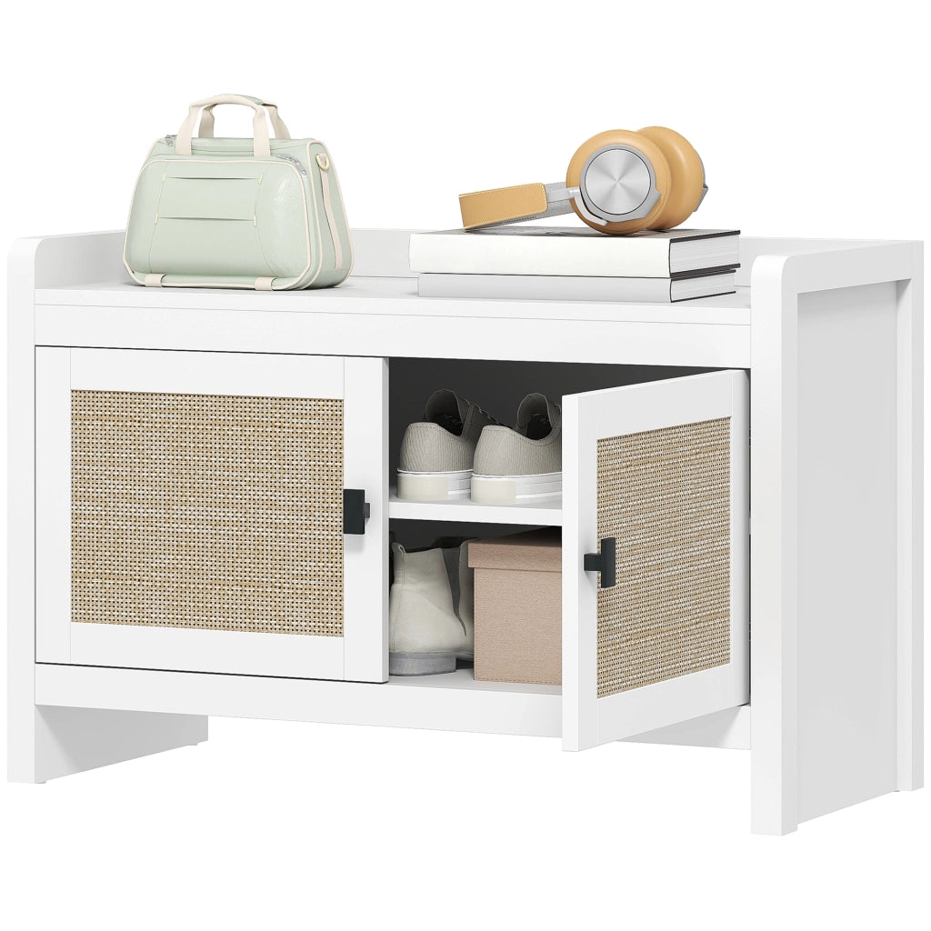 Scarpiera con Cassetti e Ripiano Estraibile in Rattan ¨C Zephmum ¨C Bianco e Beige 80x35x52 cm