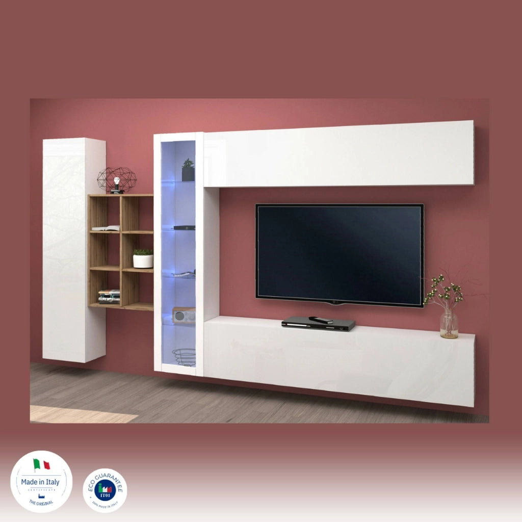 Mobile Soggiorno Alessano, Parete Attrezzata 17 Ripiani Made in Italy, 280x30x180h cm Bianco Lucido