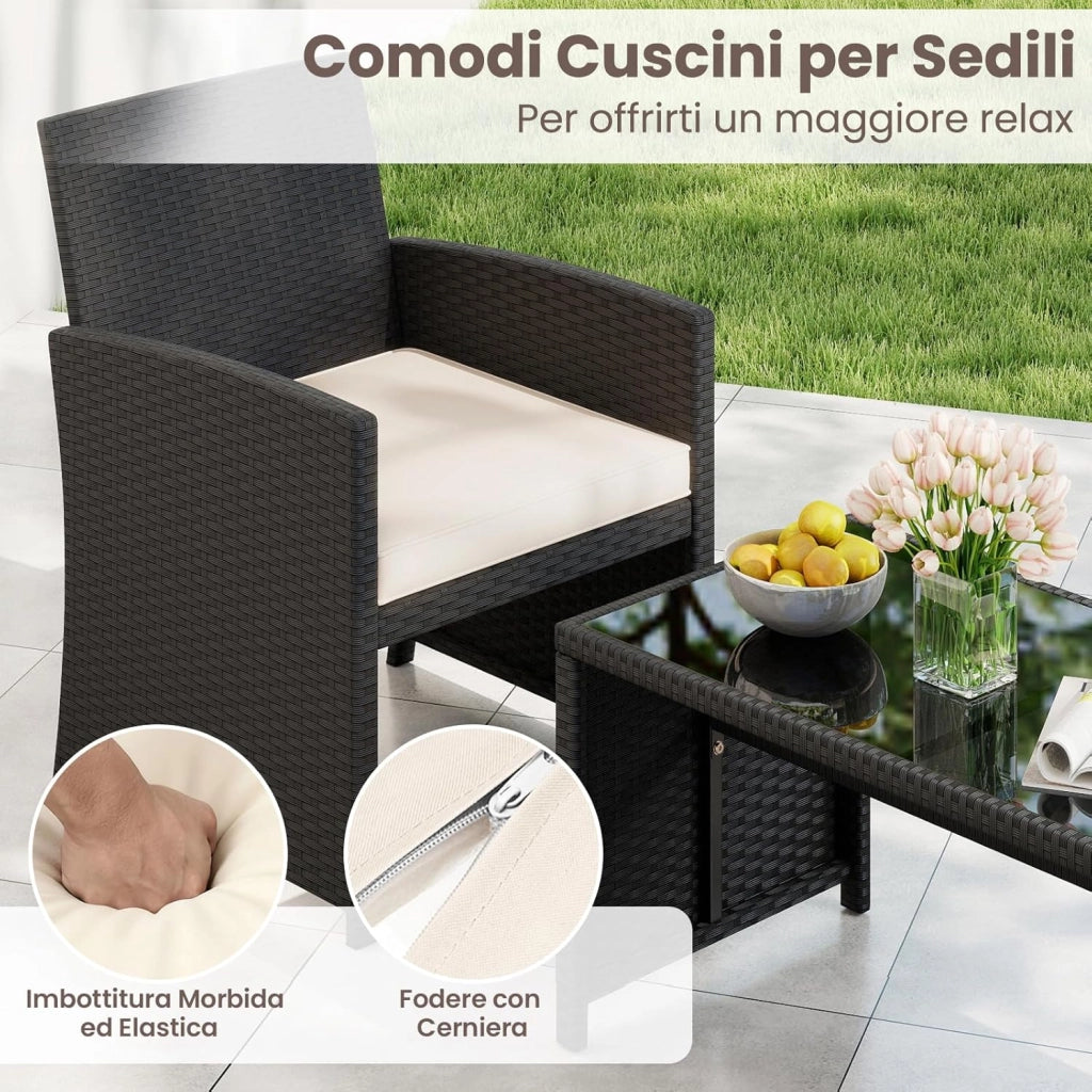 Set Salotto da Giardino 4 Pezzi, Divanetto e Poltrone in Rattan con Tavolino da Caffè in Vetro Temperato, Set di Mobili da Esterno Imbottiti per Cortile, Veranda e Bordo Piscina (Bianco)