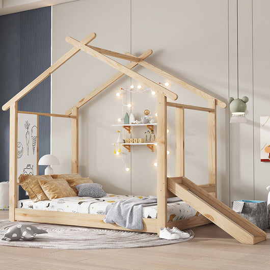 Letto Singolo Bambino con Scivolo 90x200cm - Xylo - Design Tetto e Lavagna in Legno Naturale