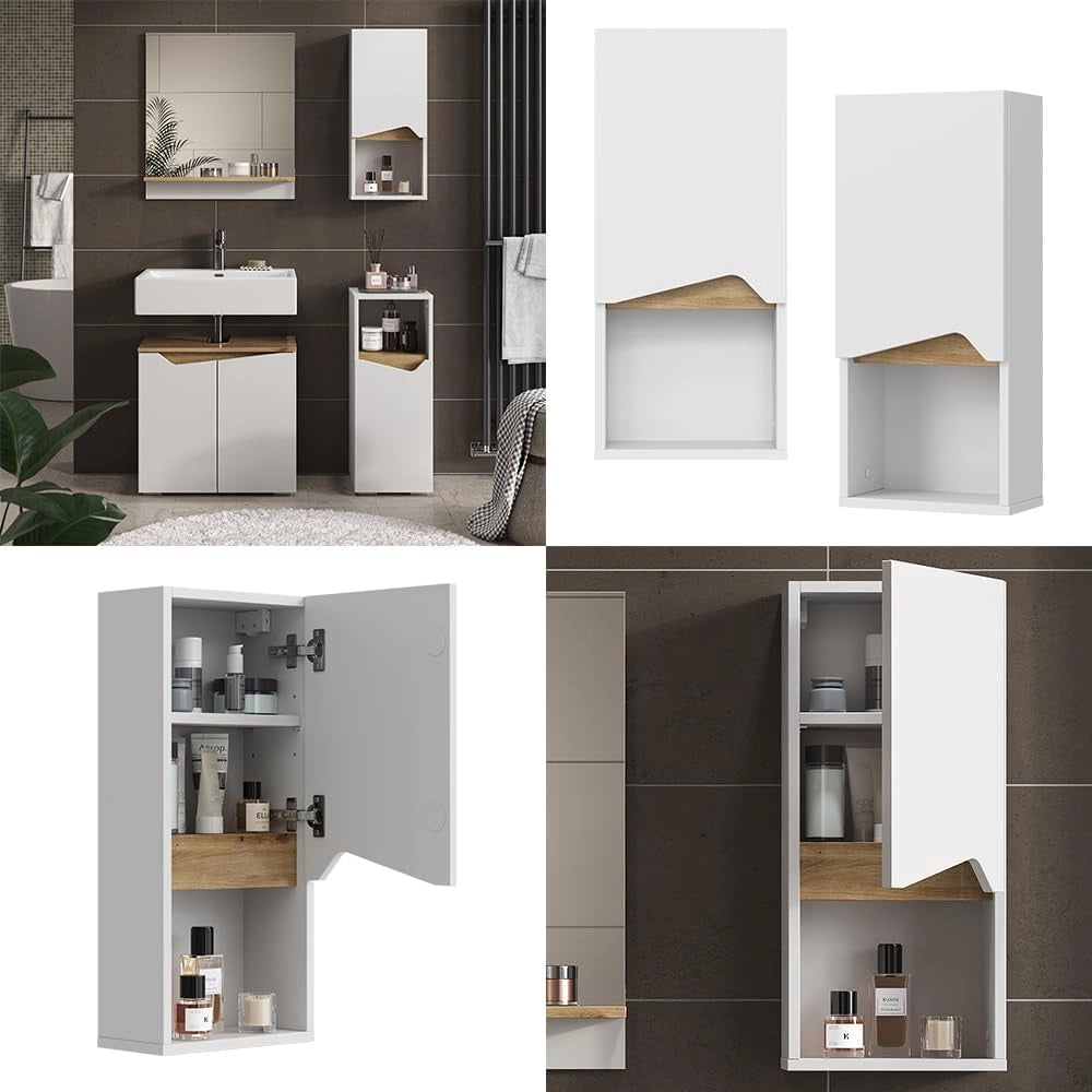 Mobile bagno Marelle, Bianco/Artisan, 30 x 67 cm con porta e scomparto aperto, per montaggio a parete per una conservazione salvaspazio