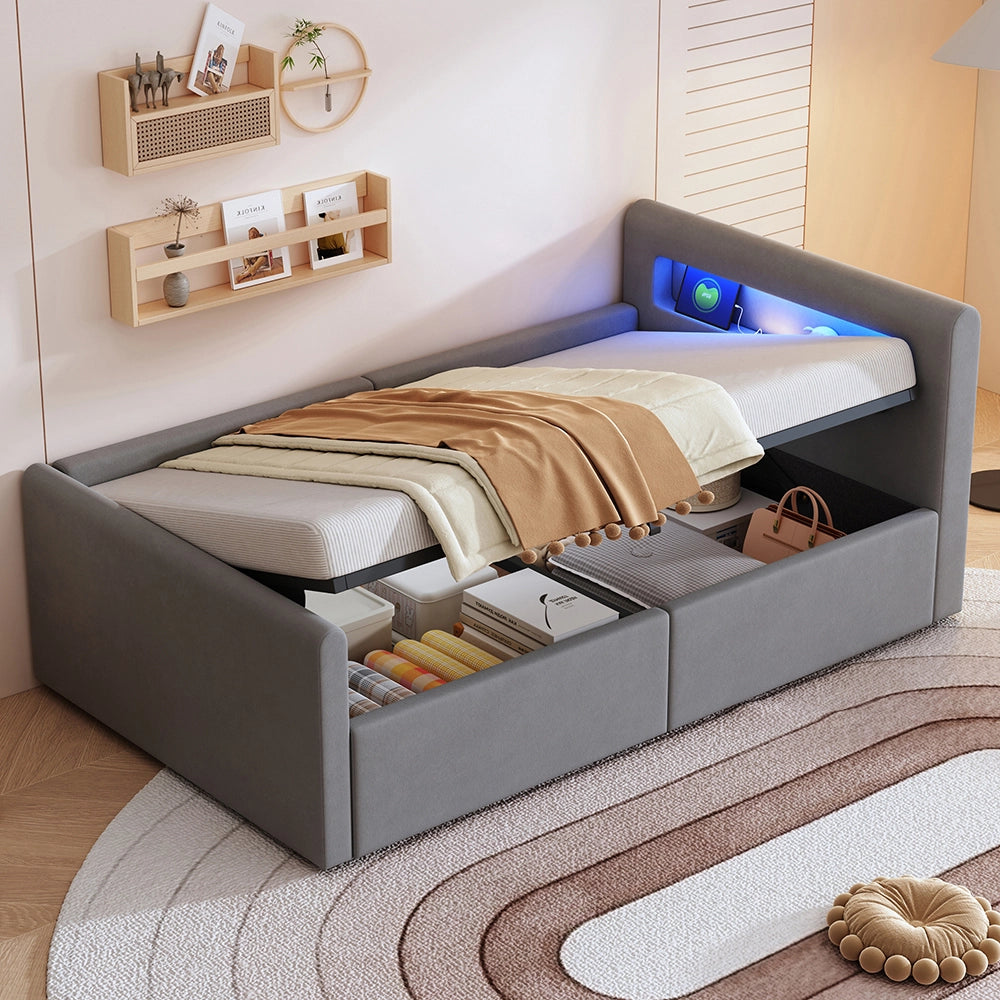 Letto bambino-Xylo-90x200 cm-LED, USB, idraulico, velluto grigio chiaro
