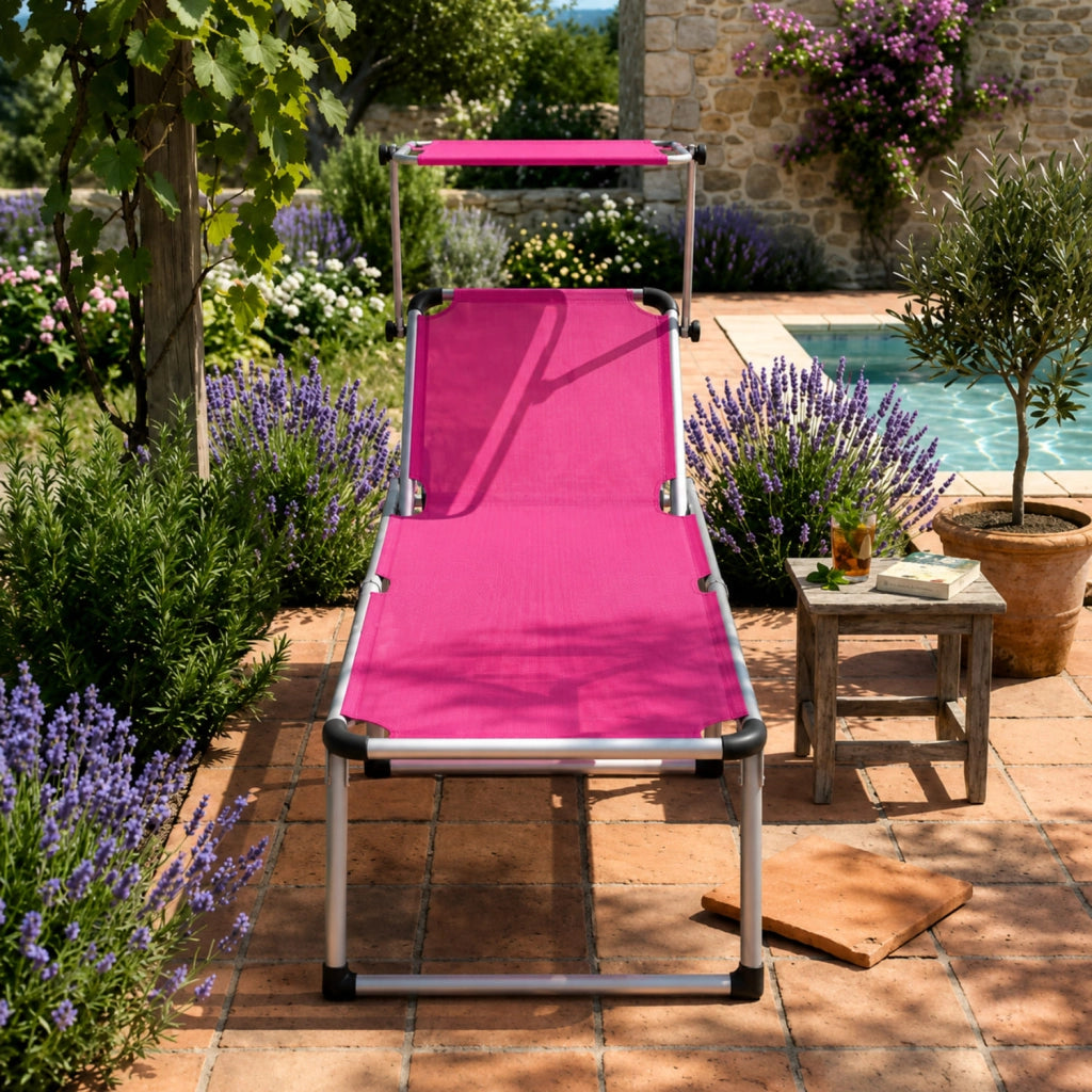 Lettino Pieghevole Prendisole Con Tettuccio Parasole Schienale Reclinabile Regolabile In 6 Posizioni Struttura In Alluminio Leggera Sedia Sdraio Per Spiaggia Mare Giardino Piscina 187 X 59 X 29 Cm Rosa
