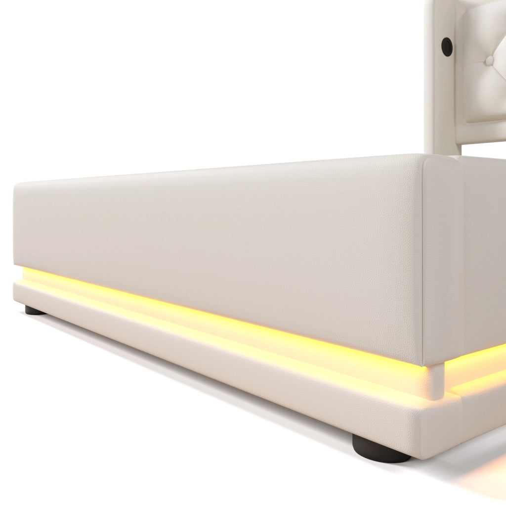 Letto singolo imbottito con contenitore 90x200 cm in PU bianco; LED e USB Type-C