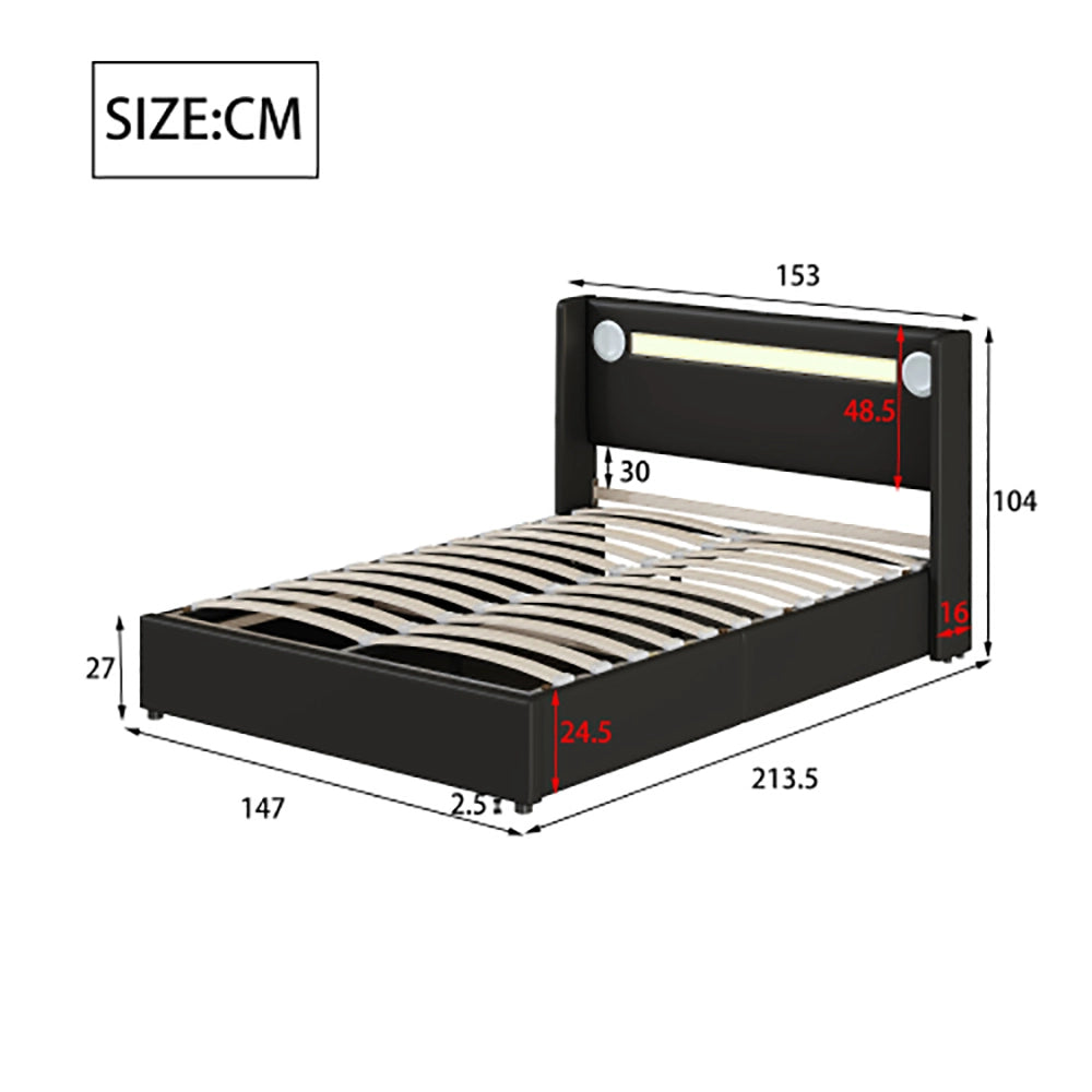 Letto matrimoniale con LED Bluetooth - Xylo - 140x200 cm - Nero - USB e rivestimento in similpelle