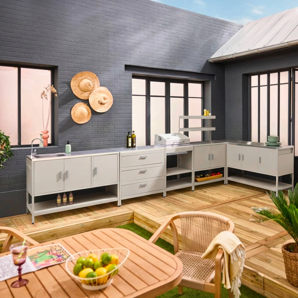 Cucina esterna acciaio inossidabile con barbecue a carbone, 6 moduli,