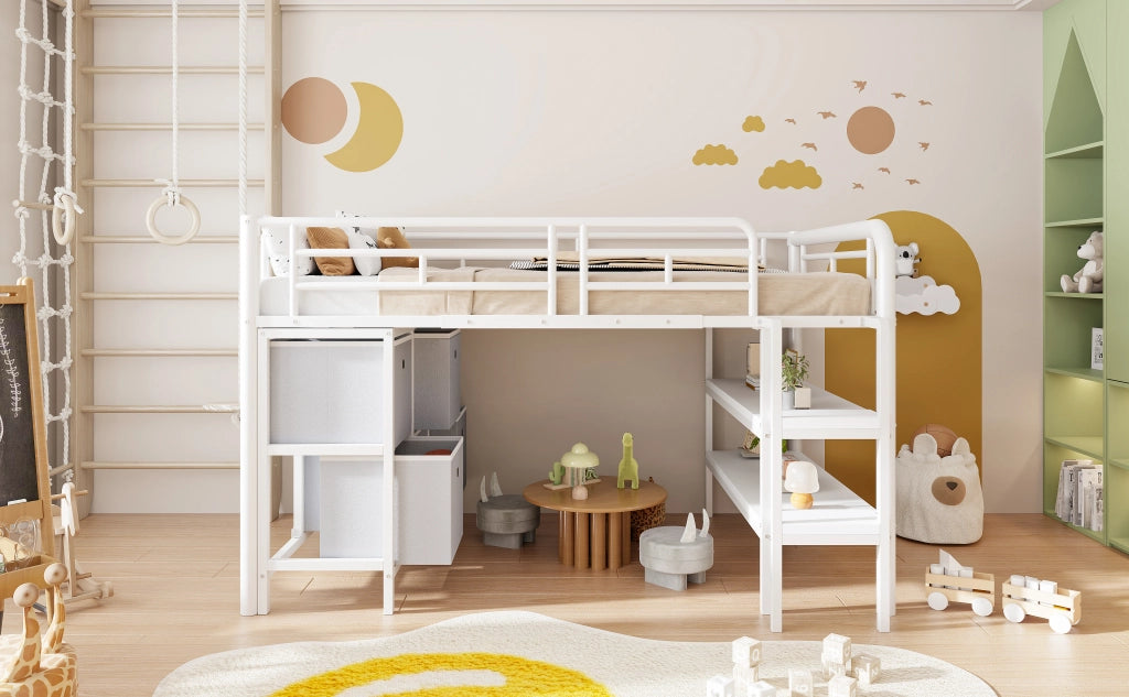DESMIU Letto a soppalco basso per bambini 1 posto con scala larga, cassetti e ripiani, 90 × 200 cm, senza materasso