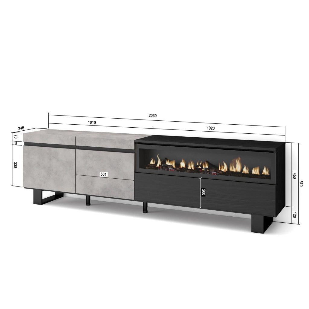 Mobile TV, 200x35x57cm, soggiorno, Per TV fino a 80", Camino elettrico, Design industriale, grigio cemento RF2248