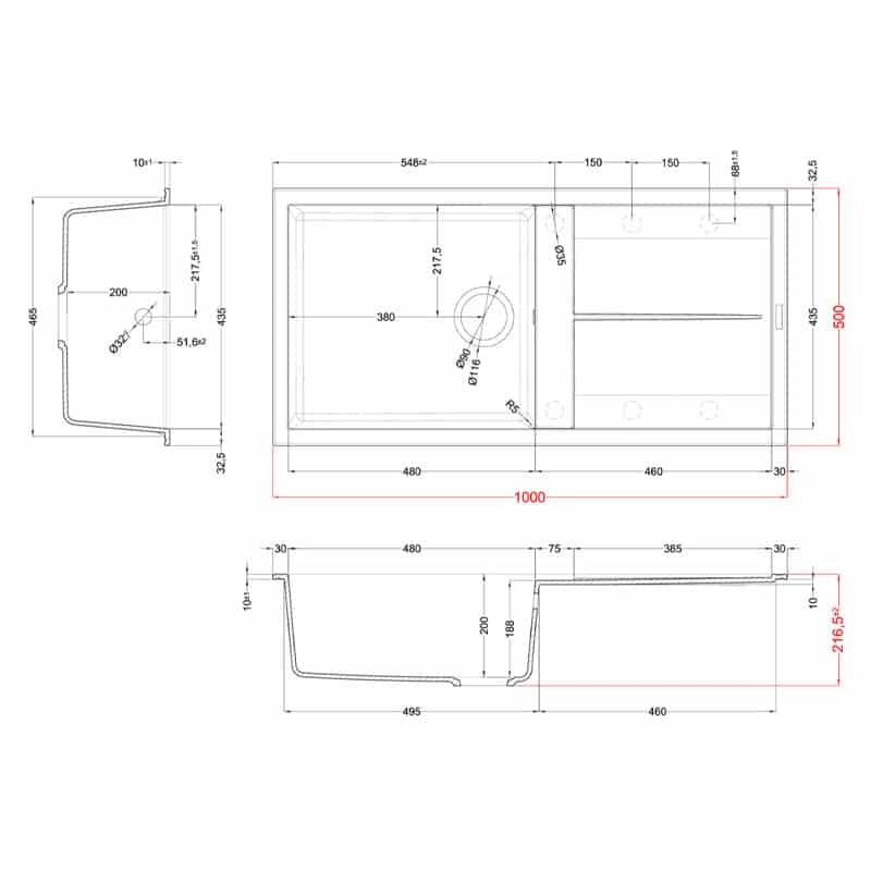 Lavello Elleci Incasso 1 vasca 100x50 Unico 480 Keratek Plus Nero Black Assoluto LKU48086