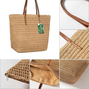 Borsa estiva di paglia - Borsa rotonda intrecciata con chiusura a raccordo e maniglie in pelle, grande 08-kaki