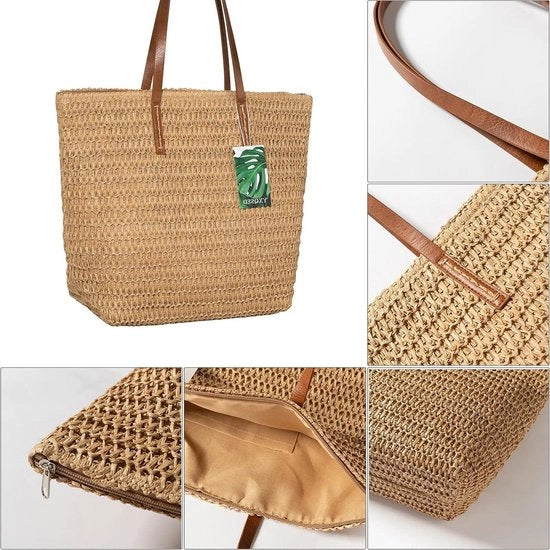 Borsa estiva di paglia - Borsa rotonda intrecciata con chiusura a raccordo e maniglie in pelle, grande 08-kaki