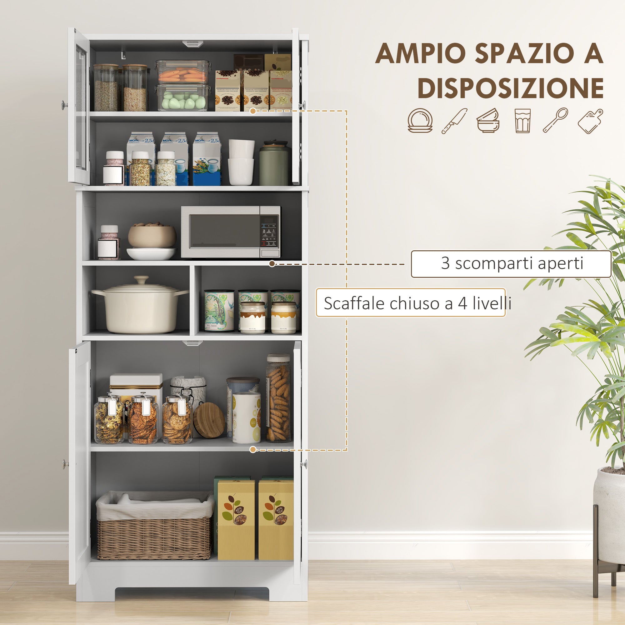 Credenza Cucina 60x30x145,5 cm con Armadietti e Vani a Giorno in Truciolare Bianco