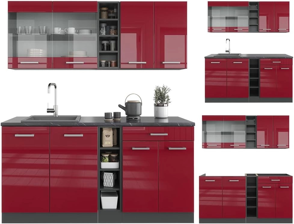 Cucina completa R-Line, Rosso lucido/antracite, 160 cm, PL Antracite, adatto per l'espansione individuale con moduli aggiuntivi