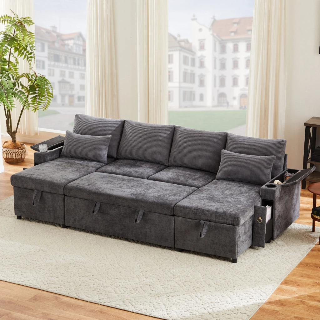 Divano a U convertibile con contenitore e portabicchieri, in ciniglia e velluto a coste grigio 272 × 131 × 84 cm