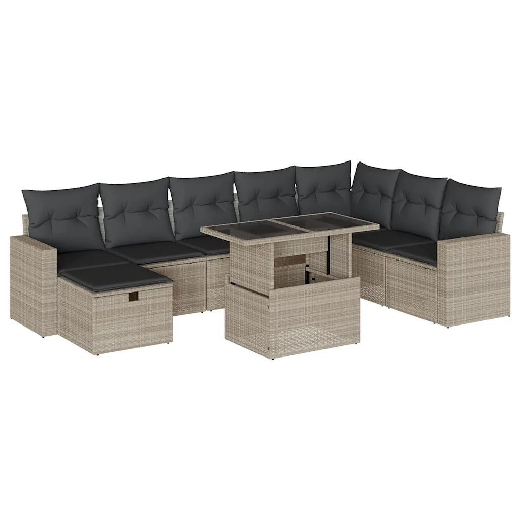 Set Divano da Giardino 9pz con Cuscini Grigio Chiaro Polyrattan