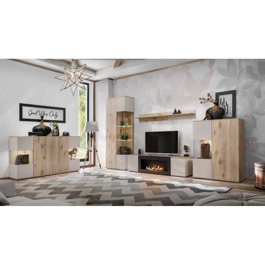 Set completo salotto ERINA – Buffettino, Buffet alto, Vetrina, Scaffale, Mobile TV con camino bio-etanolo – Rovere chiaro e beige