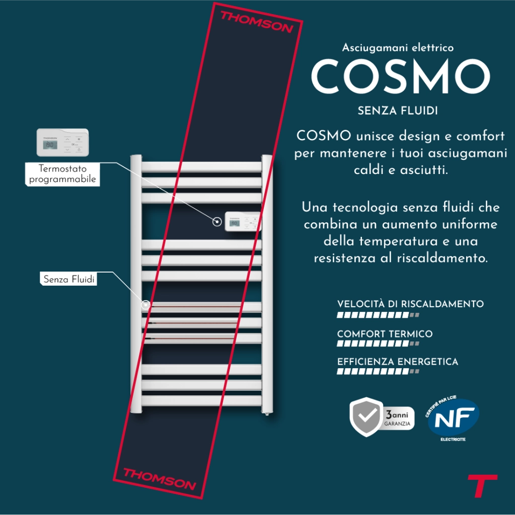 Scaldasalviette elettrico Thomson senza fluido, connesso al WiFi, con ventola da 500W, cosmo